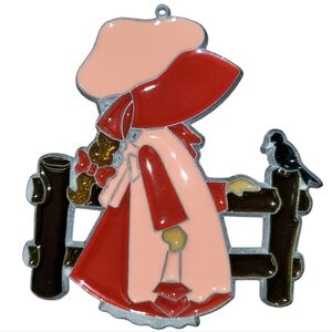 Vntg Stained Glass Holly Hobby Talking To A Bird Suncatcher Ornament Red& Coral